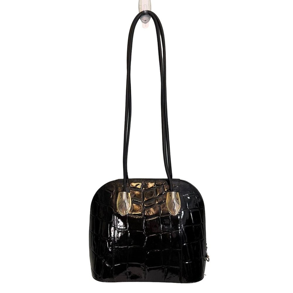 Vintage DUE FRATELLI Paris Tote Shoulder Satchel Bag Crocs Genuine Leather Black